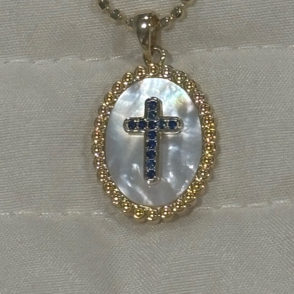 Gold and Blue sapphire Cross Sterling Pendant Necklace - Picture 8 of 8